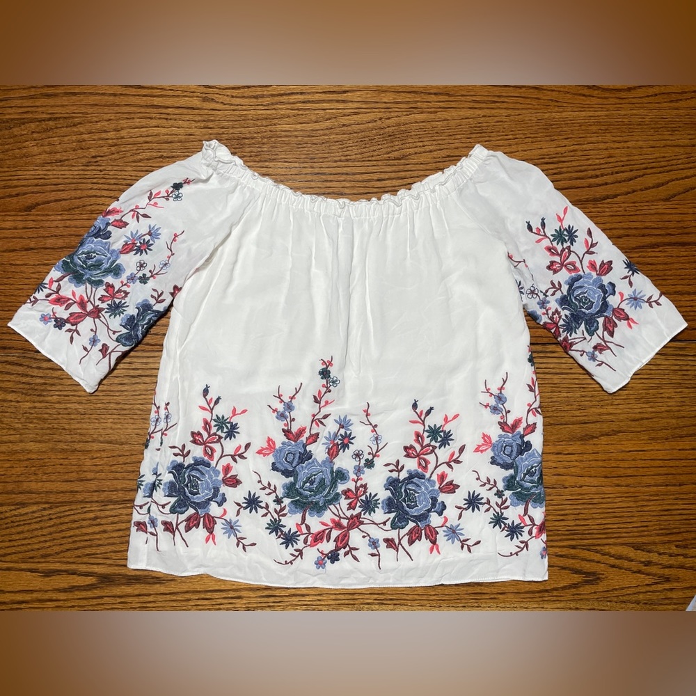 ANTHROPOLOGIE Drew White Floral Off The Shoulder Long Sleeve Shirt